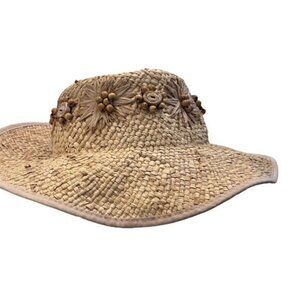 Wide Brim Straw Bucket Hat Beaded Coastal Boho Cottagecore Pool Beach Travel EUC